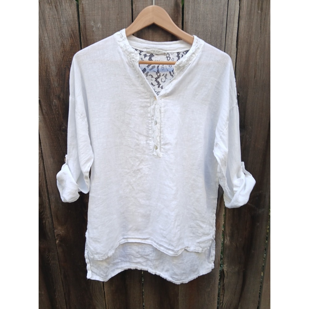 Viola Borghi Linen Tunic Top Sz Medium Lace Inset Roll Tab Sleeve Coastal